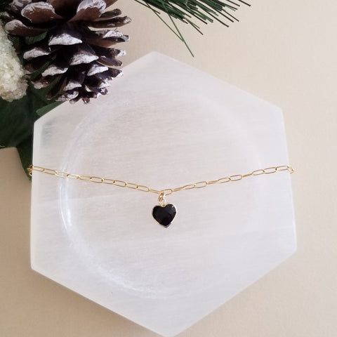 Gold Black Onyx Heart Charm Bracelet, Minimalist Jewelry for Women