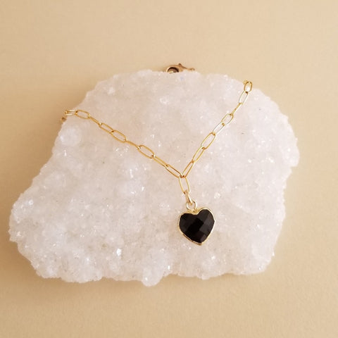 Gold Black Onyx Heart Charm Bracelet, Minimalist Jewelry for Women, Jewelry Gifts for Her