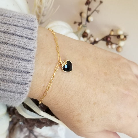 Gold Black Onyx Heart Charm Bracelet, Minimalist Jewelry for Women, Dainty Gold Paperclip Chain Bracelet