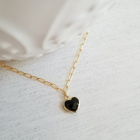 Gold Black Onyx Heart Charm Bracelet, Minimalist Jewelry for Women, Gift for Her