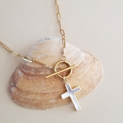 Gold Paperclip Chain Toggle Necklace with Mother of Pearl Cross Pendant