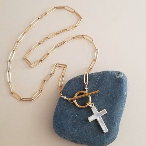 Gold Paperclip Chain Toggle Necklace with Mother of Pearl Cross Pendant, Statement Necklace