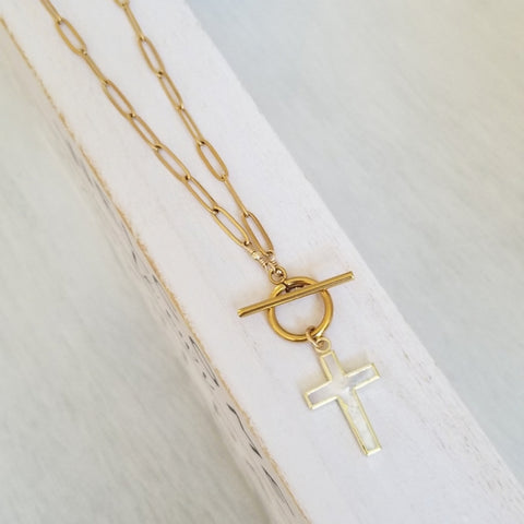 Gold Paperclip Chain Toggle Necklace with Mother of Pearl Cross Pendant