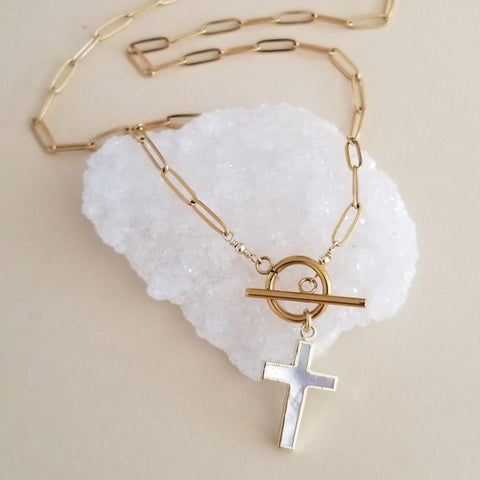 Gold Paperclip Chain Toggle Necklace with Mother of Pearl Cross Pendant