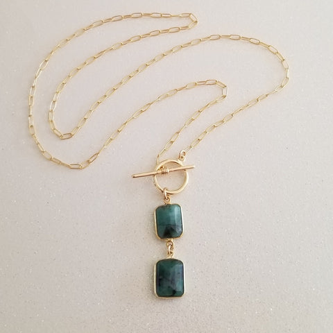 Gold Emerald Front Toggle Necklace, Statement Necklace, Paperclip Chain Necklace