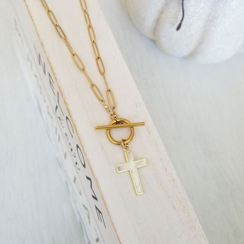Gold Paperclip Chain Toggle Necklace with Mother of Pearl Cross Pendant, Gift for Her, Religious Jewelry