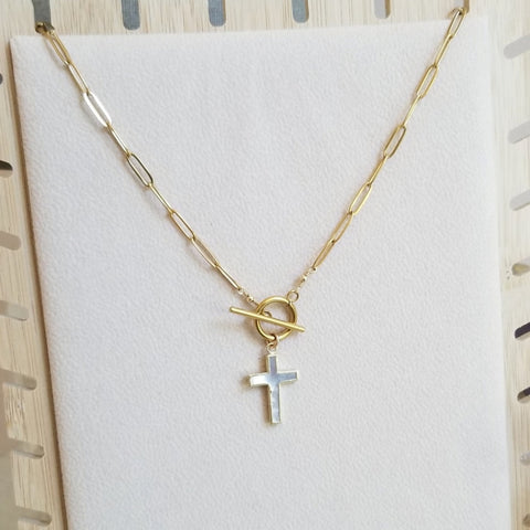 Gold Paperclip Chain Toggle Necklace with Mother of Pearl Cross Pendant