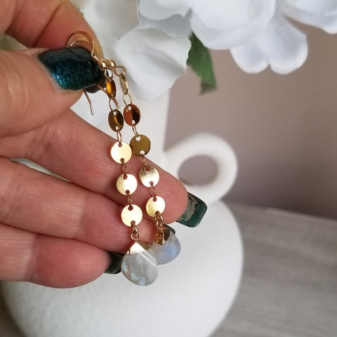 Long Gold Moonstone or Aquamarine Dangle Earrings, Modern Chain Earrings, Waterproof Jewelry