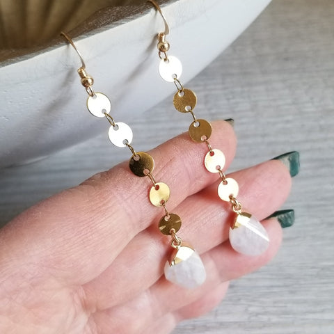 Long Gold Moonstone or Aquamarine Dangle Earrings, Modern Chain Earrings, Waterproof Jewelry