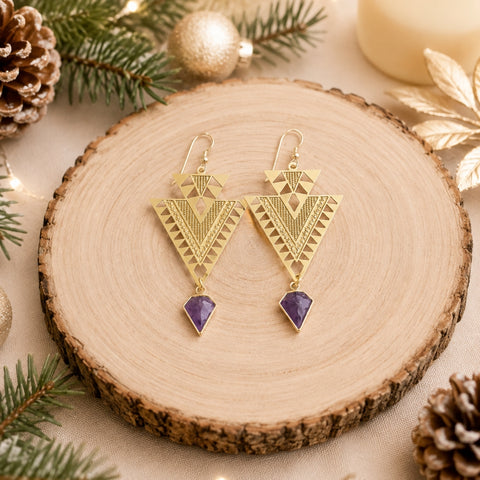 Gold Amethyst Triangle Earrings, Geometric Gemstone Earrings