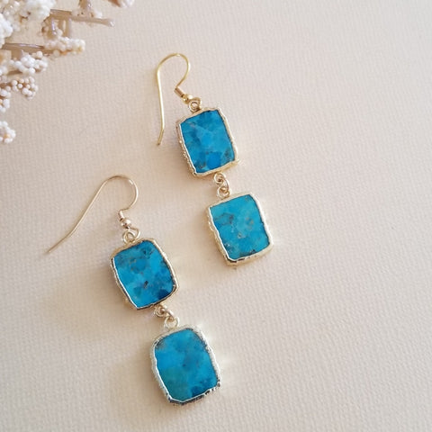 Gold Turquoise Dangle Earrings, Handmade Gemstone Earrings, Gift for Her