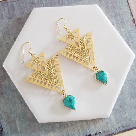 Gold Triangle Turquoise Earrings, Boho Dangle Earrings, Geometric Jewelry, Handmade Turquoise Drop Earrings, Gift for Her, Bohemian Earrings