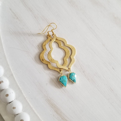 Handmade gold turquoise statement earrings for women