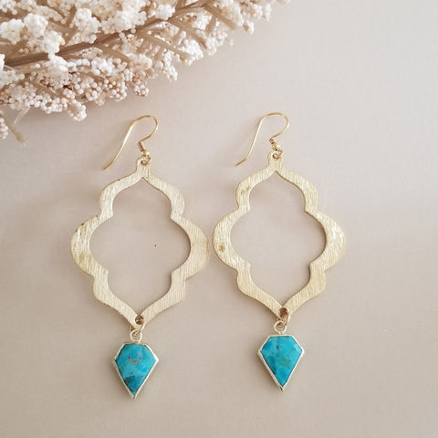 Gold Turquoise Earrings, Statement Earrings, Quatrefoil Earrings, Turquoise Dangle Earrings