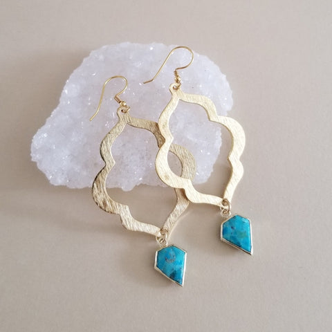 Gold Turquoise Earrings, Statement Earrings, Quatrefoil Earrings, Turquoise Dangle Earrings, Boho Bride Earrings