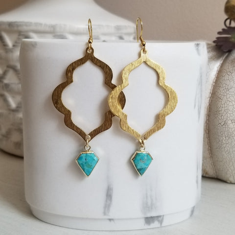 Gold Turquoise Earrings, Statement Earrings, Quatrefoil Earrings, Turquoise Dangle Earrings