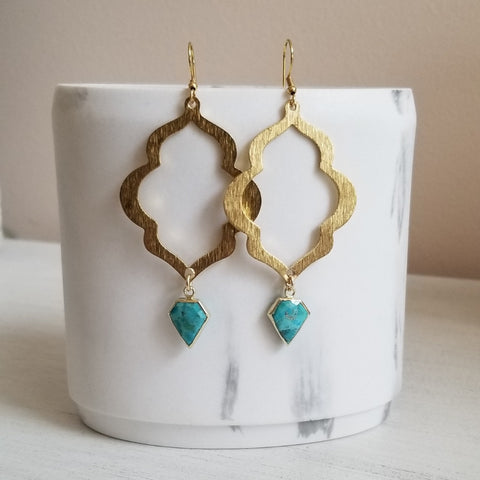 Gold Turquoise Earrings, Statement Earrings, Quatrefoil Earrings, Turquoise Dangle Earrings, Jewelry Gift for Her