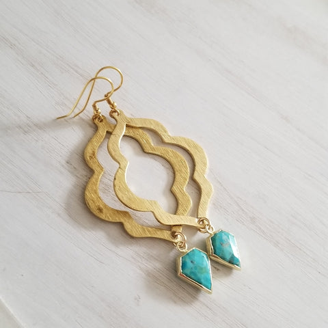 Gold Turquoise Earrings, Statement Earrings, Quatrefoil Earrings, Turquoise Dangle Earrings