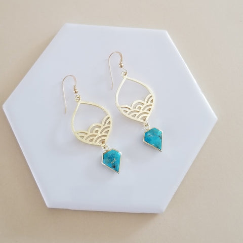 Gold Turquoise Dangle Earrings, Beachy Waves Design Earrings