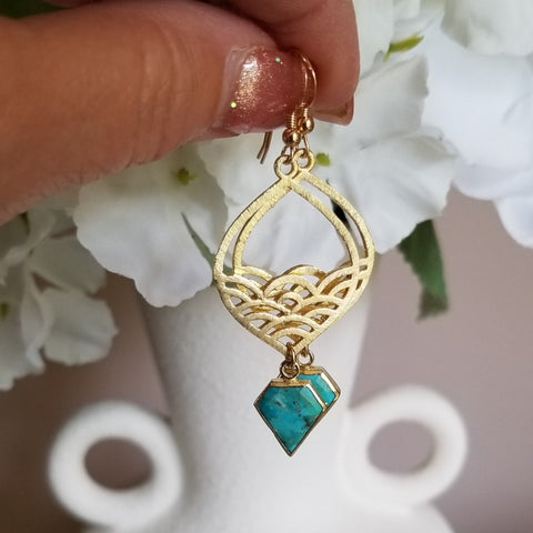 Gold Turquoise Dangle Earrings, Beachy Waves Design Earrings