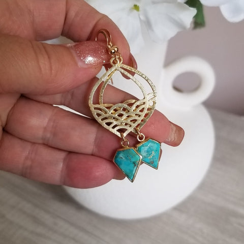 Gold Turquoise Dangle Earrings, Beachy Waves Design Earrings