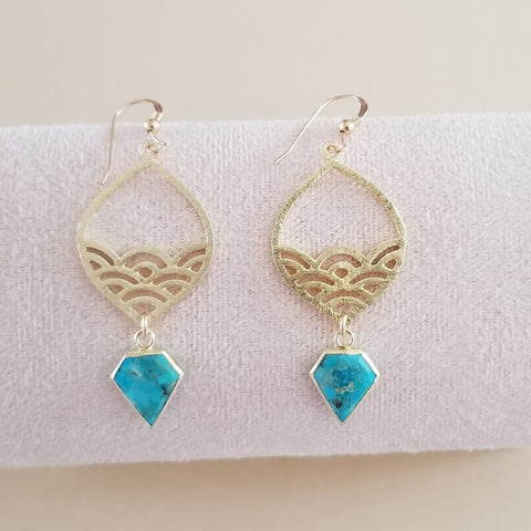 Gold Turquoise Dangle Earrings, Beachy Waves Design Earrings, Gift for Her