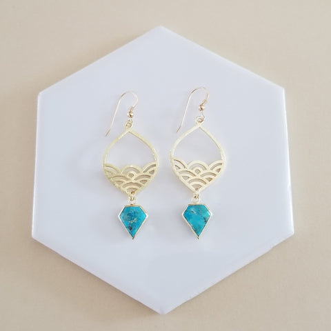 Gold Turquoise Dangle Earrings, Beachy Waves Design Earrings, Bridesmaid Gift, Turquoise Jewelry