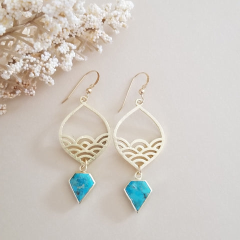Gold Turquoise Dangle Earrings, Beachy Waves Design Earrings, Beach Wedding, Gift for Her