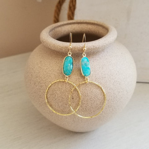 Gold boho turquoise hoop earrings, southwestern turquoise jewelry