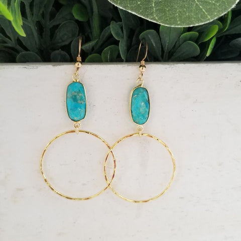 Boho Turquoise Hoop Earrings, Gold Hoops