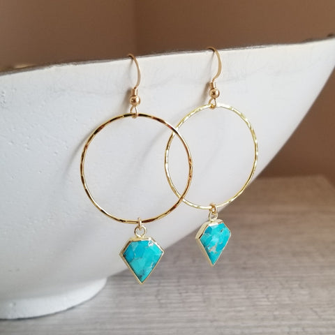 Medium Sized Gold Turquoise Hoop Earrings
