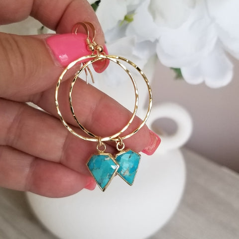 Medium Sized Gold Turquoise Hoop Earrings