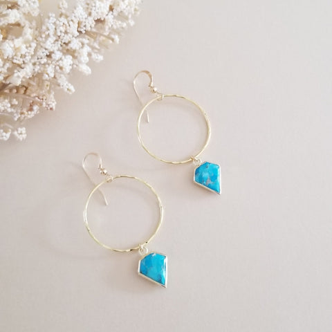 Medium Sized Gold Turquoise Hoop Earrings