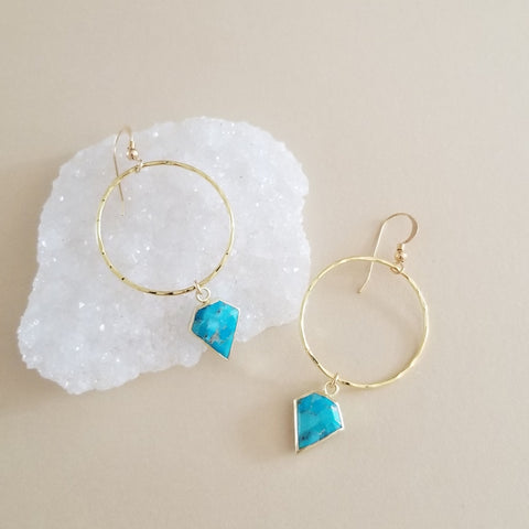 Medium Sized Gold Turquoise Hoop Earrings