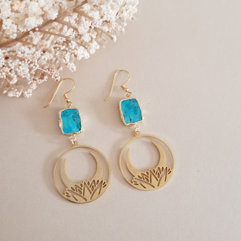 Gold Turquoise Lotus Moon Dangle Earrings, Bohemian Style Gemstone Earrings, Gift for Women