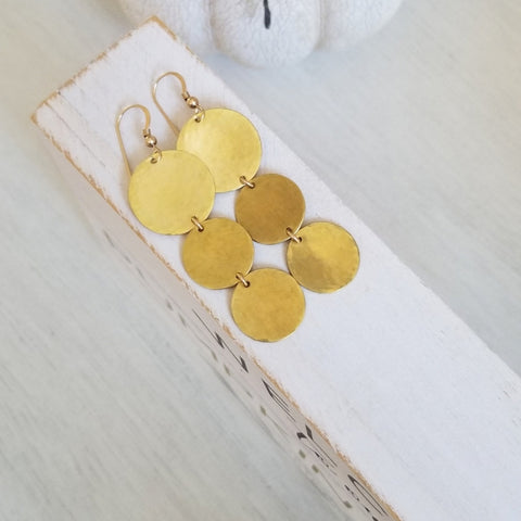 Long Hammered Gold Coin Dangle Earrings, Statement Earrings fo women