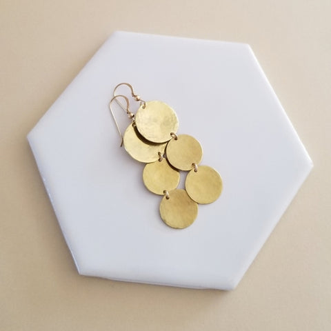 Long Hammered Gold Coin Dangle Earrings
