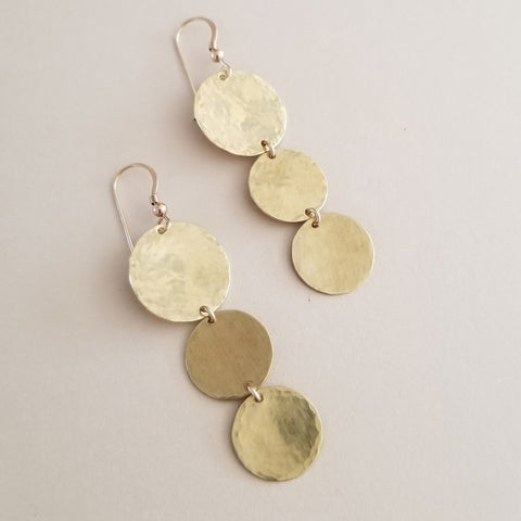 Long Hammered Gold Coin Dangle Earrings