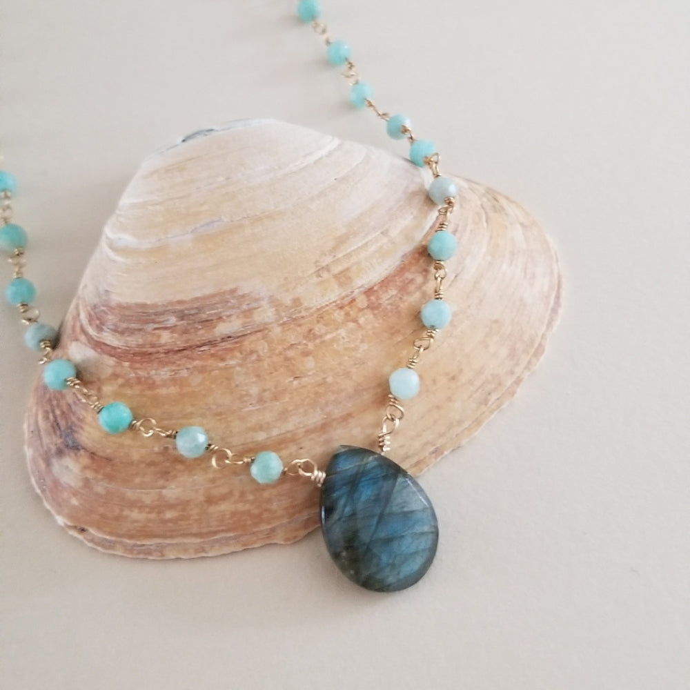 Boho Amazonite and Labradorite Necklace, Handmade Beaded Necklace with Teardrop Stone