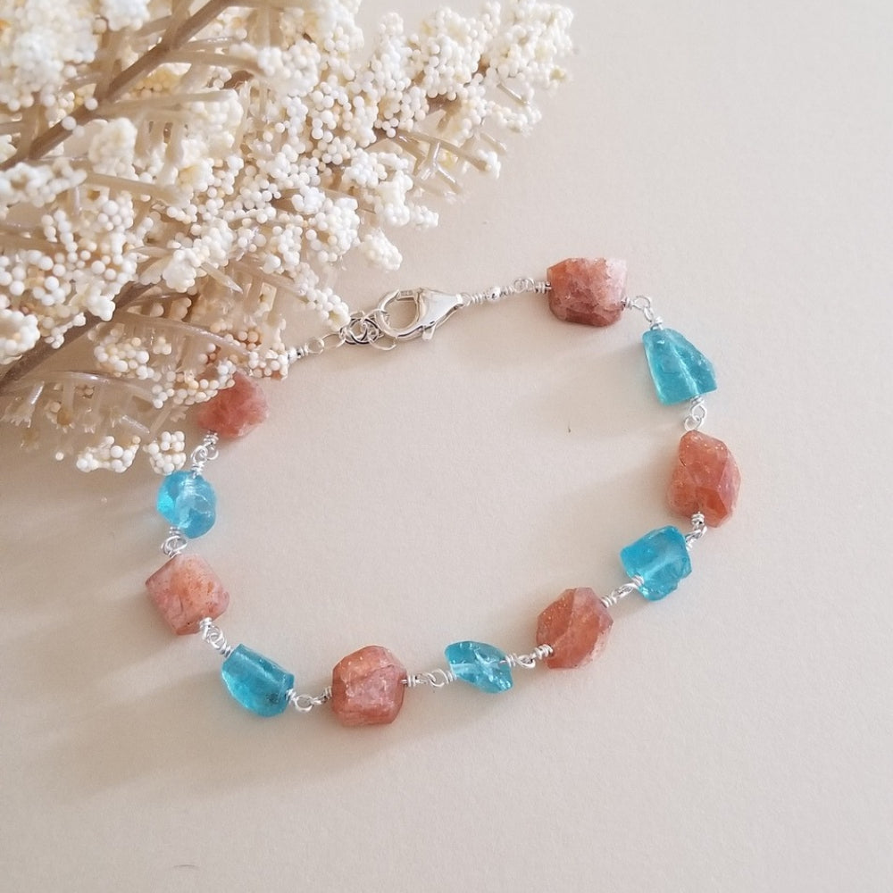 Handmade Raw Apatite and Sunstone Bracelet, Chunky Stone Bracelet