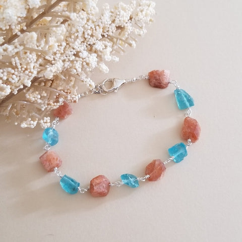 Handmade Raw Apatite and Sunstone Bracelet, Chunky Stone Bracelet