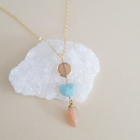Aquamarine and Peach Moonstone Long Pendant Necklace, Boho Stone Necklace