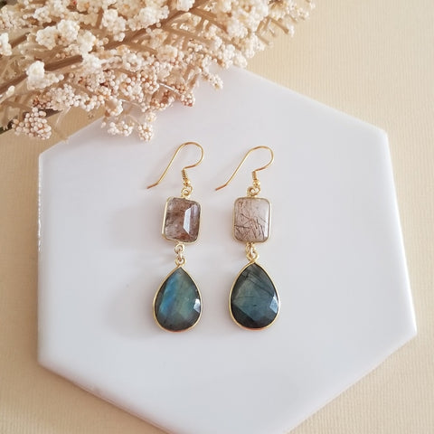 Labradorite and Copper Rutilated Quartz Earrings, Handmade Teardrop Dangle Earrings, Unique Gemstone Statement Jewelry Gift”