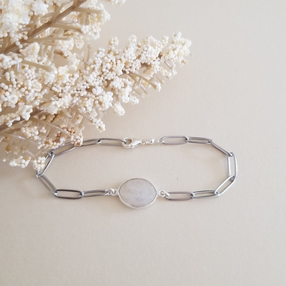 Moonstone Bracelet, Stainless Steel Paperclip Chain Bracelet