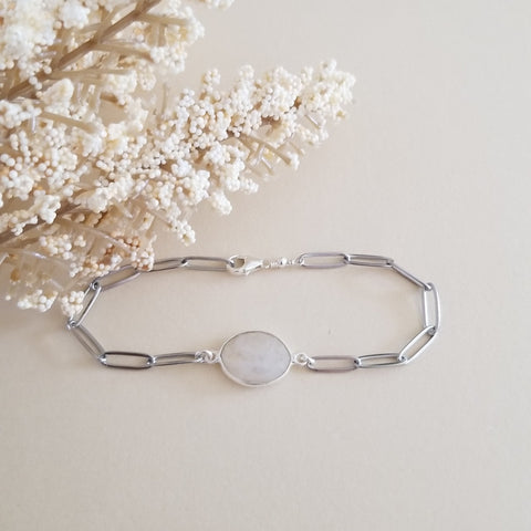 Moonstone Bracelet, Stainless Steel Paperclip Chain Bracelet