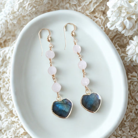 Handmade Moonstone and Labradorite Heart Dangle Earrings