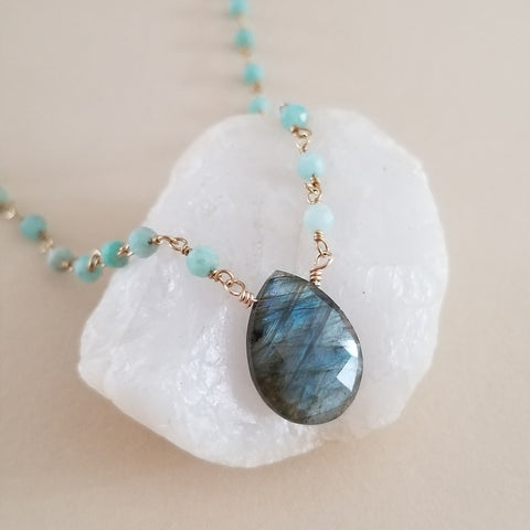 Handmade Boho Amazonite and Labradorite Necklace, Handmade Beaded Necklace with Teardrop Labradrite Stone, Gift for Her