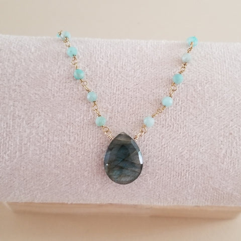 Boho Amazonite and Labradorite Necklace, Handmade Beaded Necklace with Teardrop Stone