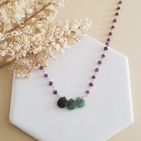 Beaded Amethyst Chain with Moss Agate Teardrops, Boho Jewelry