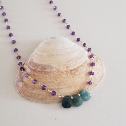 Beaded Amethyst Chain with Moss Agate Teardrops, Boho Jewelry, Gift for Her